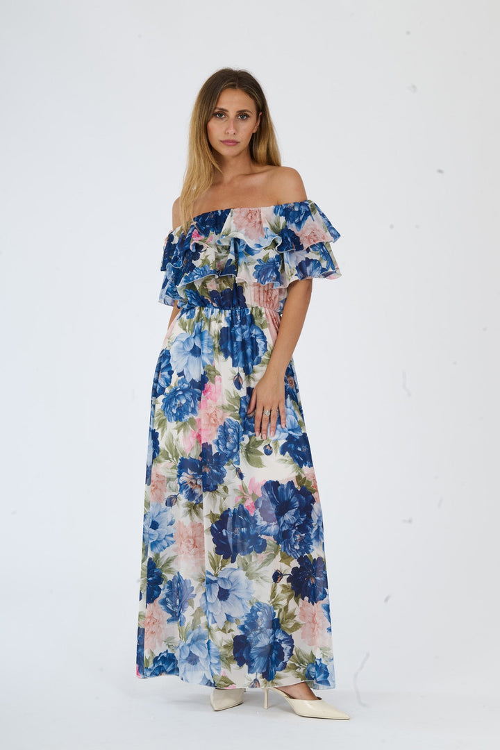 “Hydrangea” Dress – Long Floral Dress with Off-the-Shoulder Sleeves and Romantic Ruffles