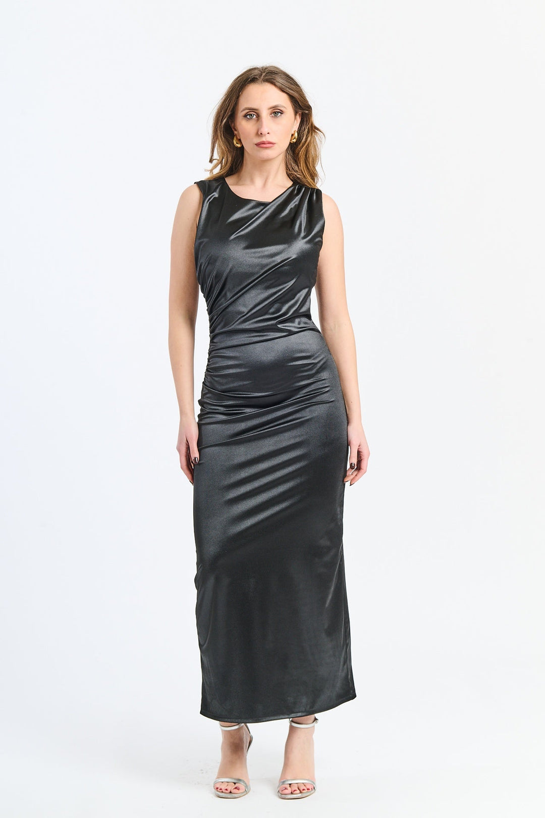 “Zaffira” Dress – Satin Midi Dress with Side Draping and Asymmetrical Neckline