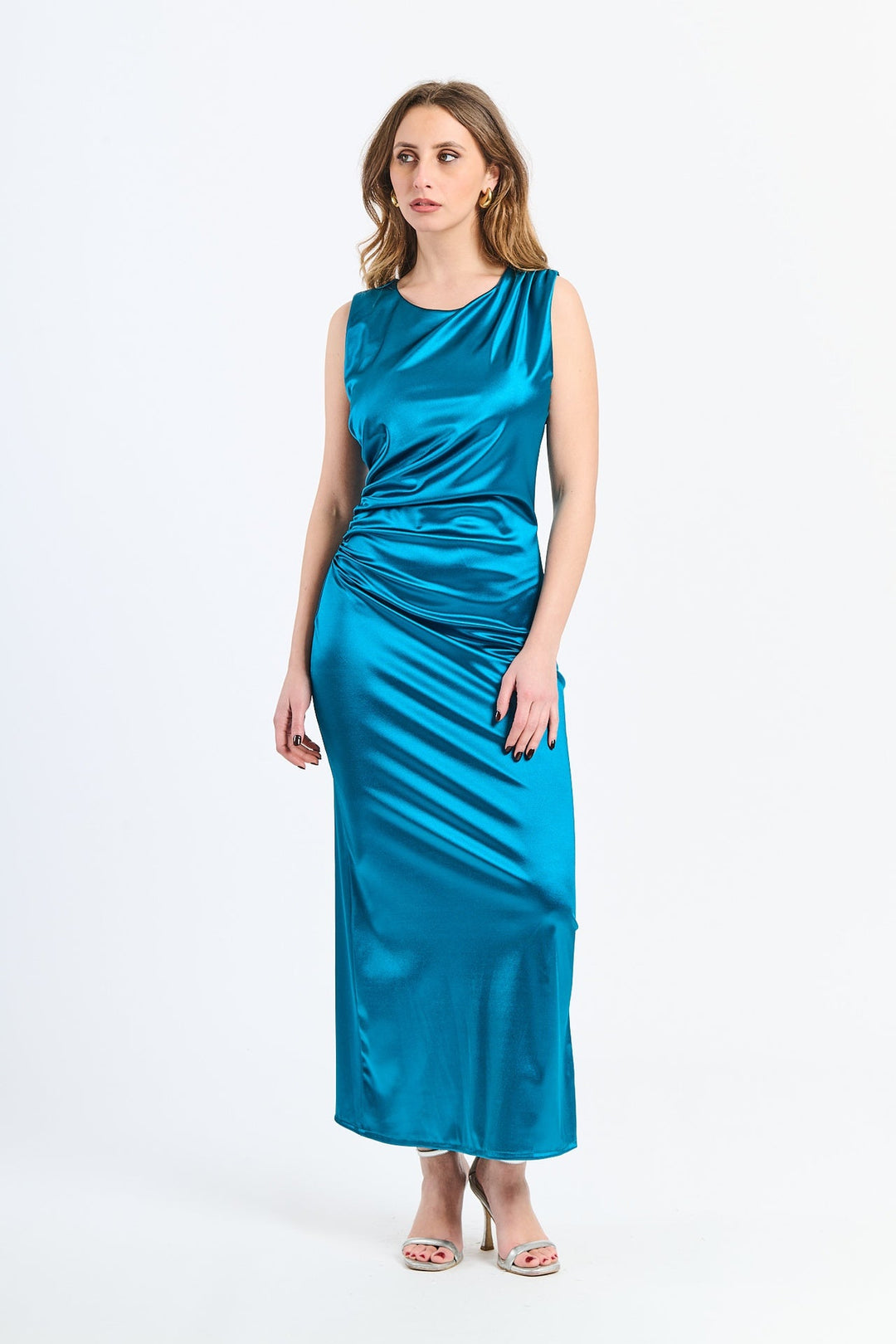 “Zaffira” Dress – Satin Midi Dress with Side Draping and Asymmetrical Neckline
