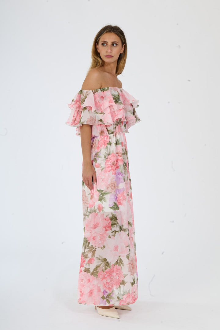 “Hydrangea” Dress – Long Floral Dress with Off-the-Shoulder Sleeves and Romantic Ruffles