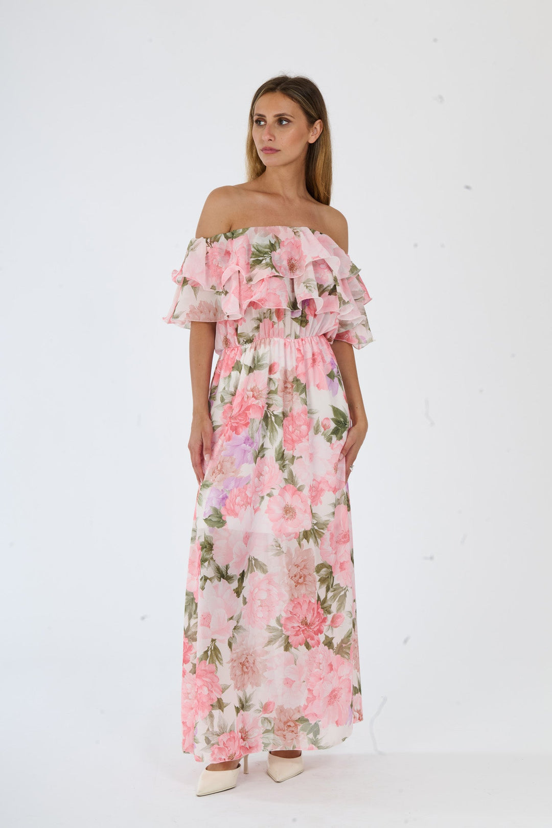 “Hydrangea” Dress – Long Floral Dress with Off-the-Shoulder Sleeves and Romantic Ruffles