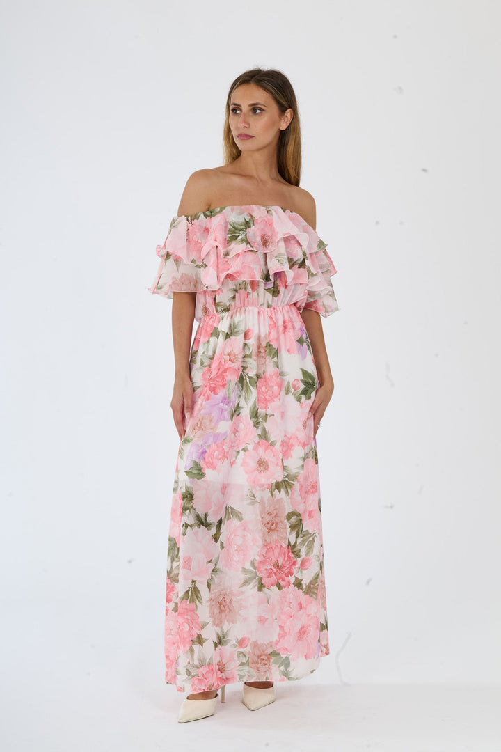 “Hydrangea” Dress – Long Floral Dress with Off-the-Shoulder Sleeves and Romantic Ruffles