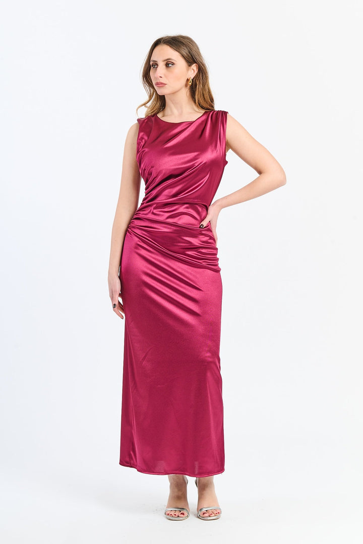 “Zaffira” Dress – Satin Midi Dress with Side Draping and Asymmetrical Neckline
