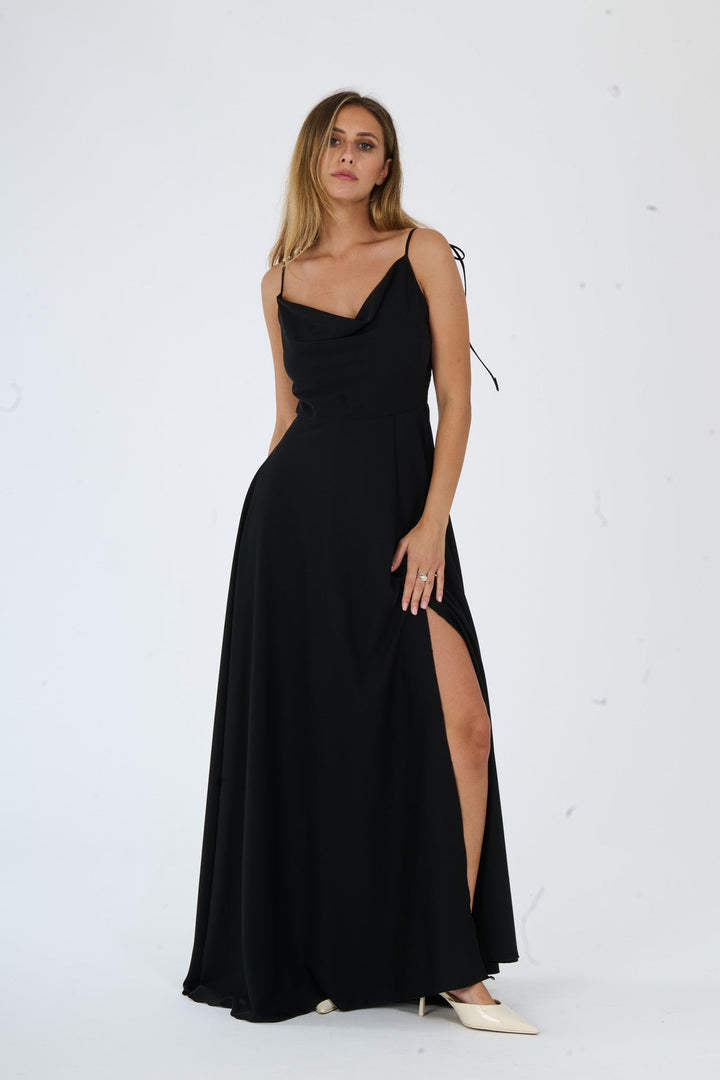 "Isadora" Dress – Long Polyester Dress with Slit and Tied Straps
