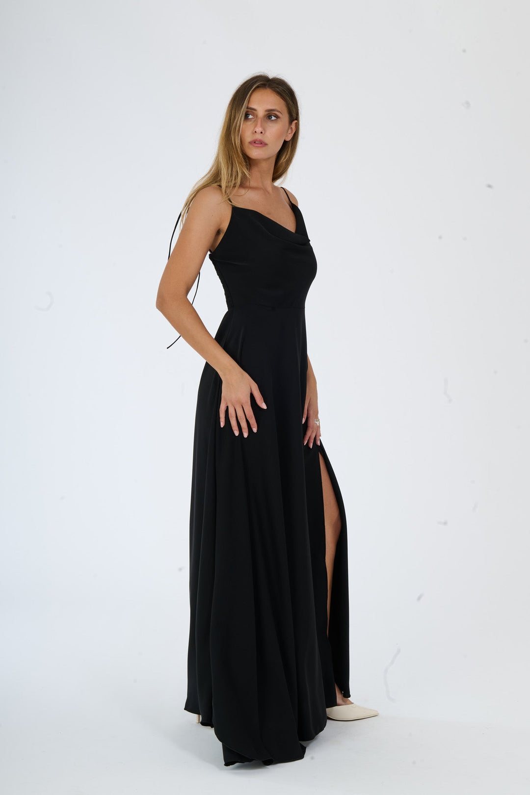 "Isadora" Dress – Long Polyester Dress with Slit and Tied Straps