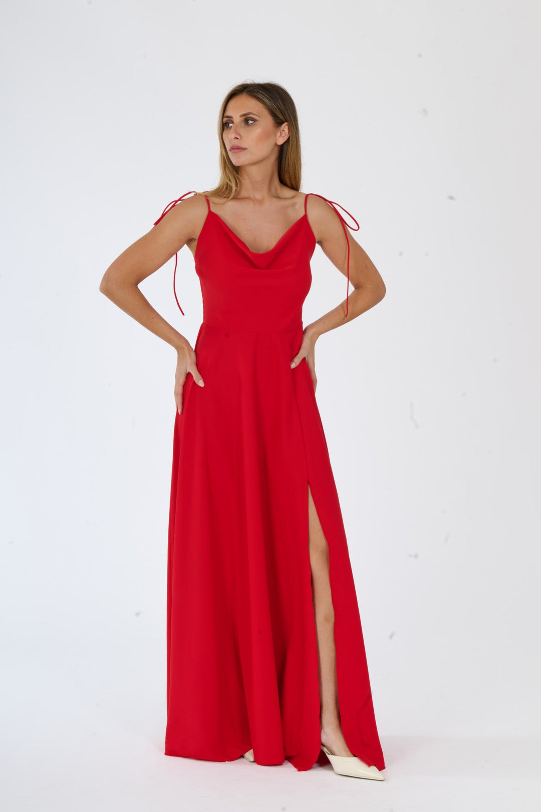 "Isadora" Dress – Long Polyester Dress with Slit and Tied Straps