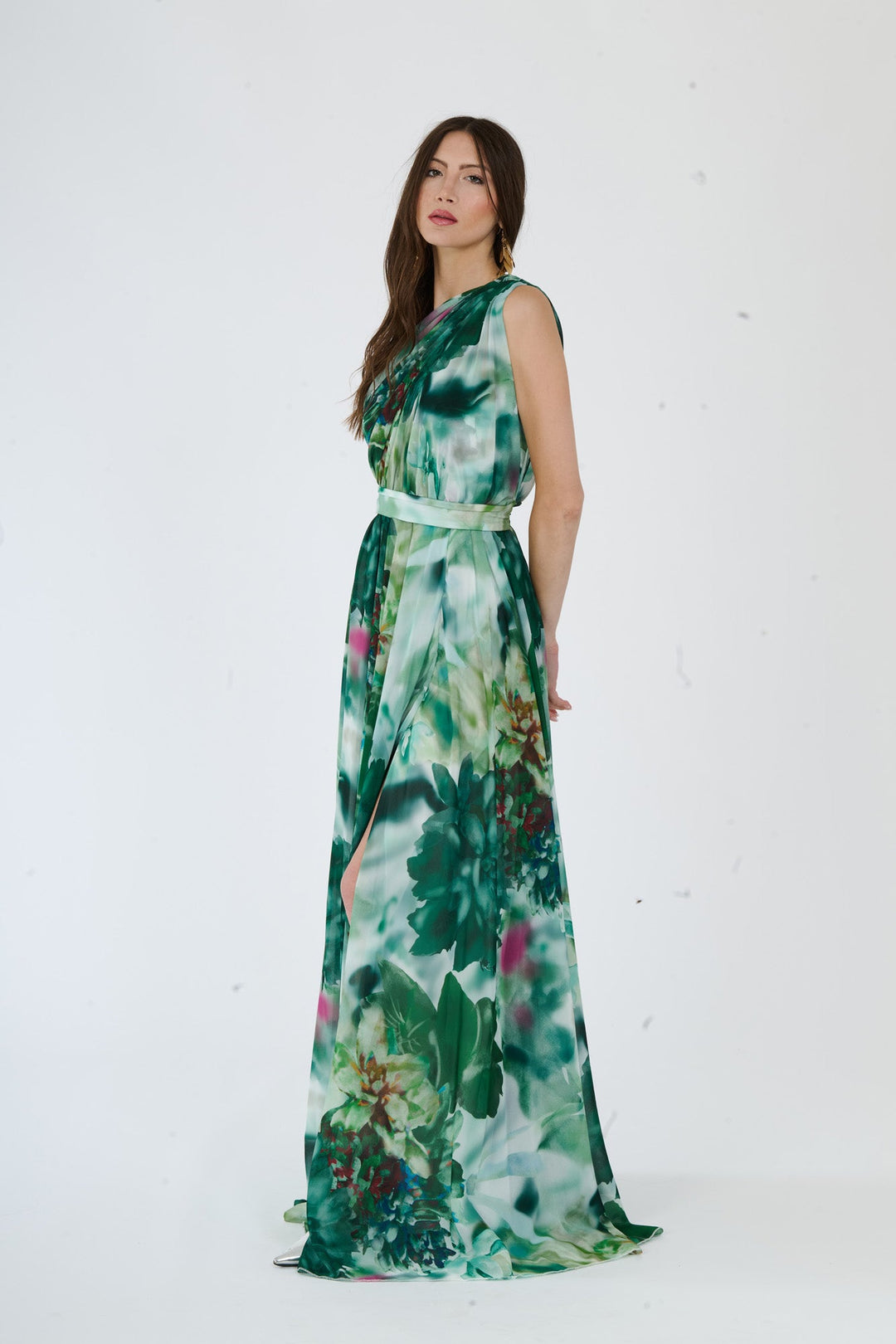 “Silvana” One-Shoulder Floral Dress with Side Slit