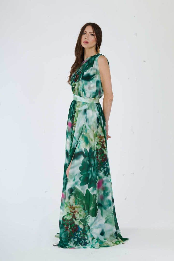 “Silvana” One-Shoulder Floral Dress with Side Slit