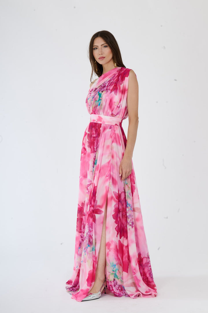 “Silvana” One-Shoulder Floral Dress with Side Slit