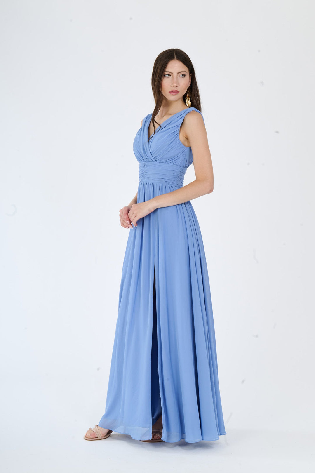 "Callista" Dress – Long V-Neck Dress with Draped Straps and Side Slit
