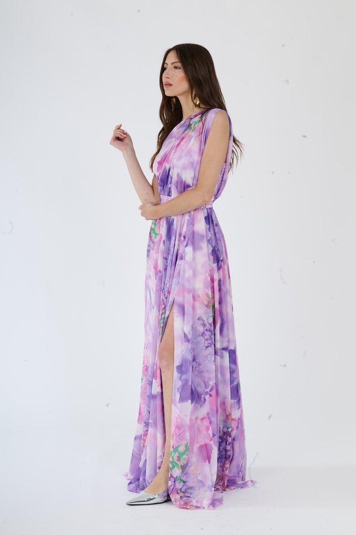 “Silvana” One-Shoulder Floral Dress with Side Slit