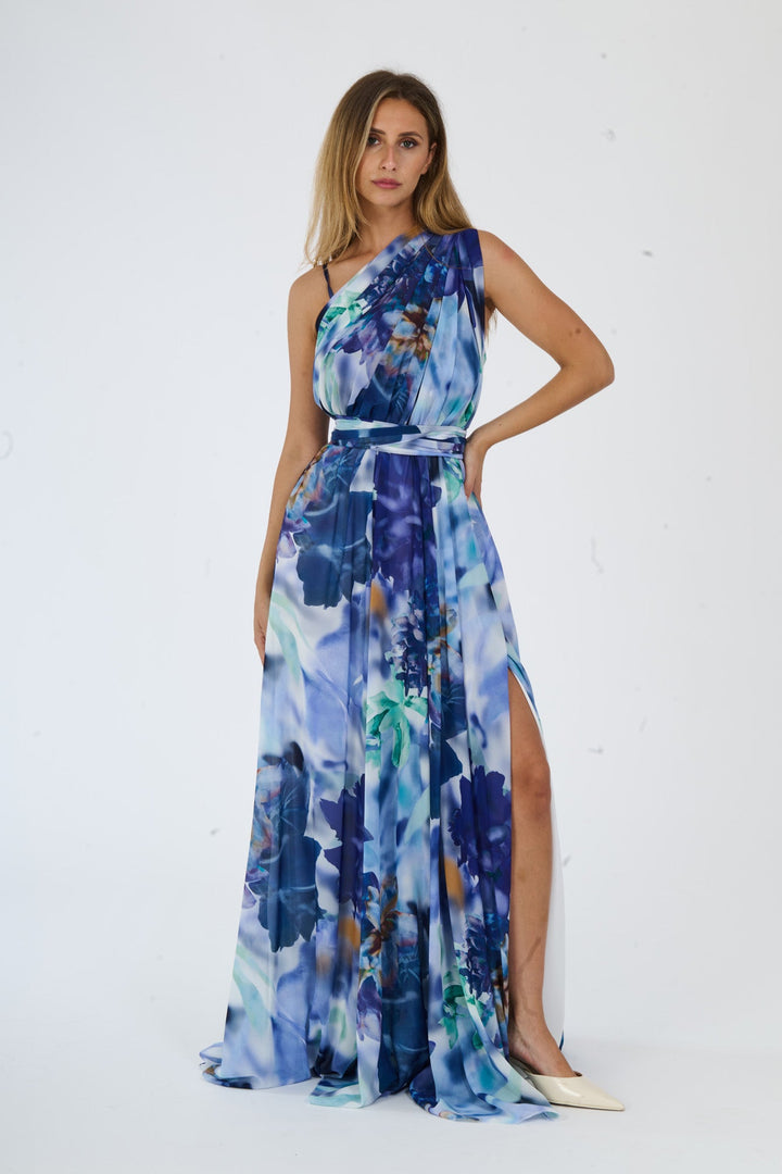 “Silvana” One-Shoulder Floral Dress with Side Slit