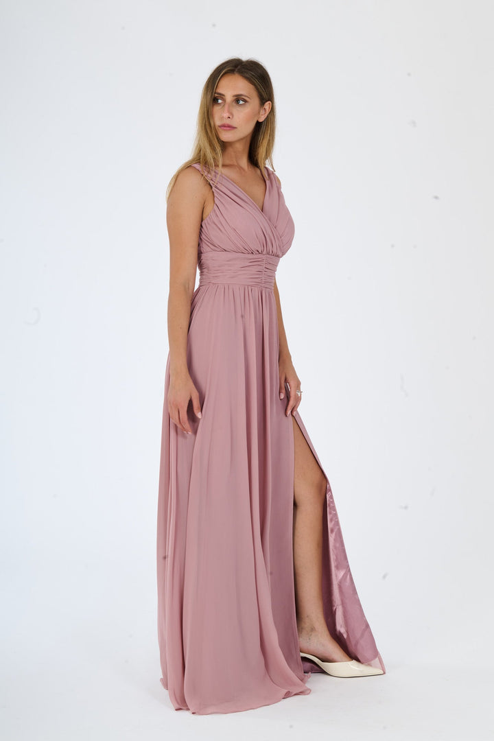 "Callista" Dress – Long V-Neck Dress with Draped Straps and Side Slit