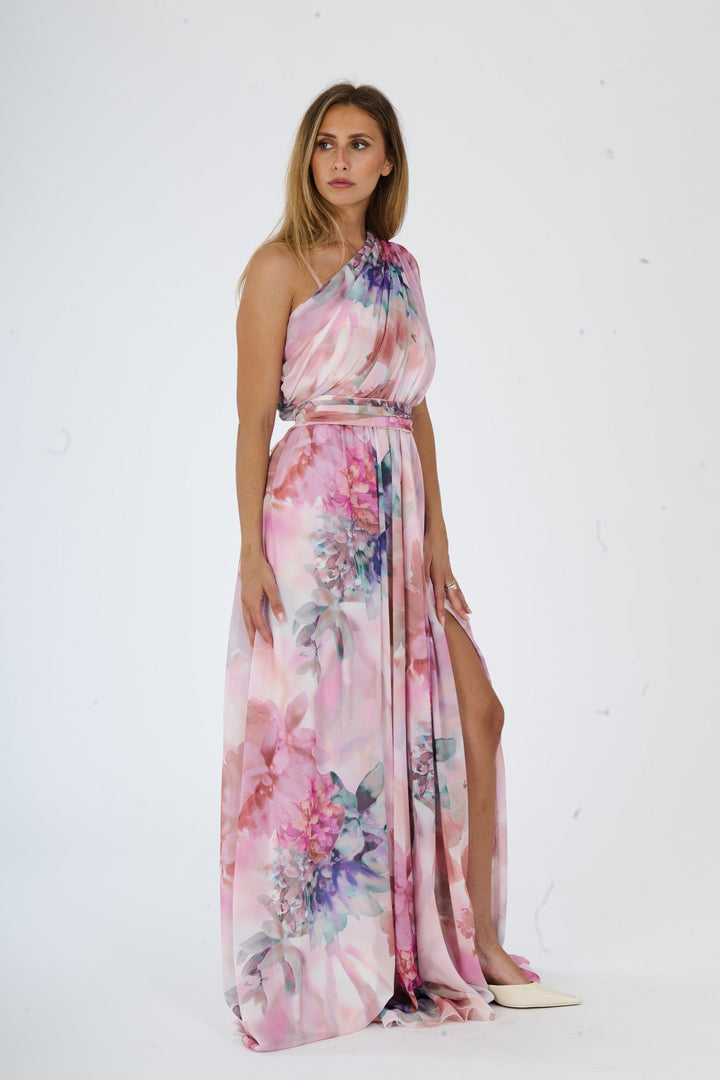 “Silvana” One-Shoulder Floral Dress with Side Slit