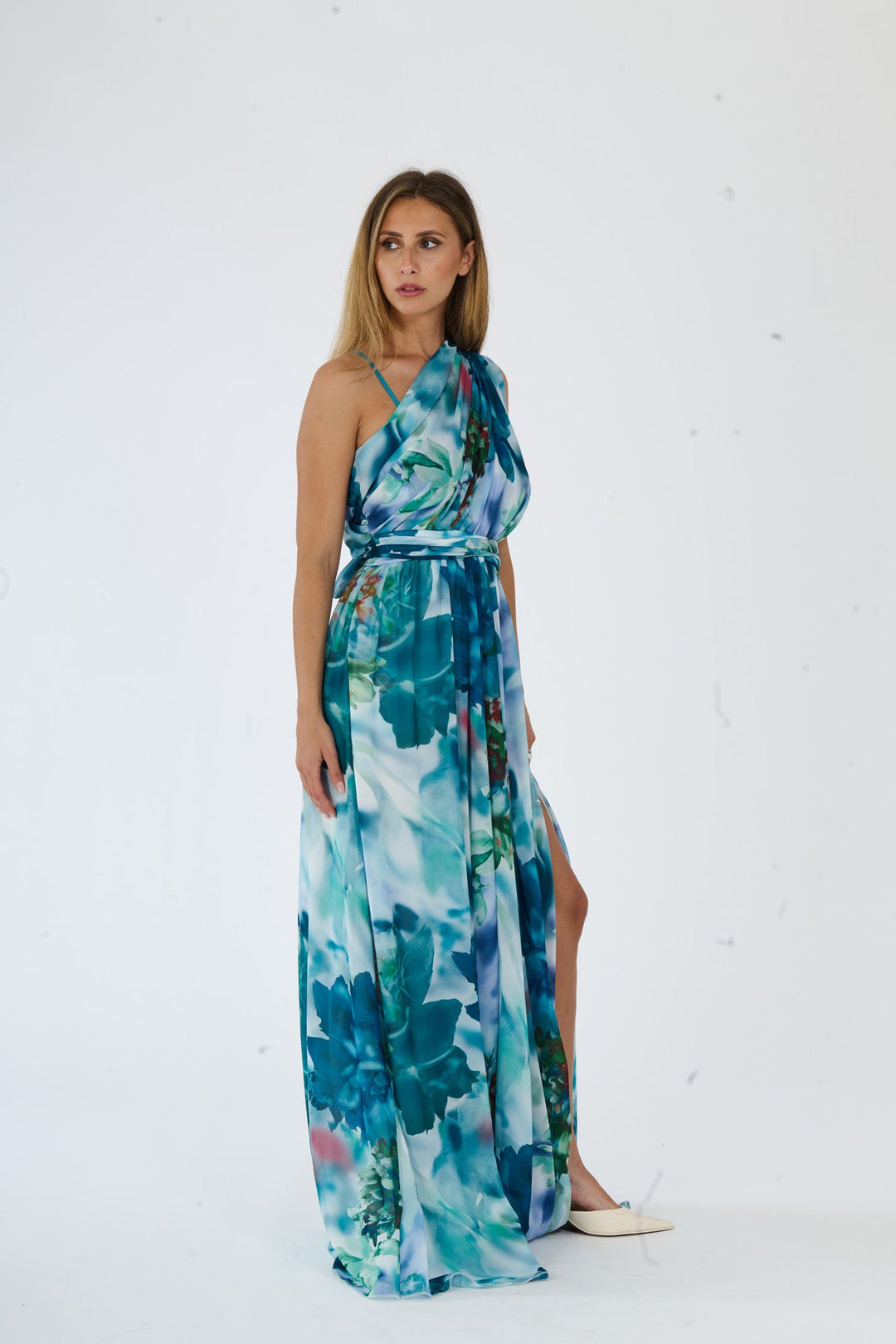 “Silvana” One-Shoulder Floral Dress with Side Slit