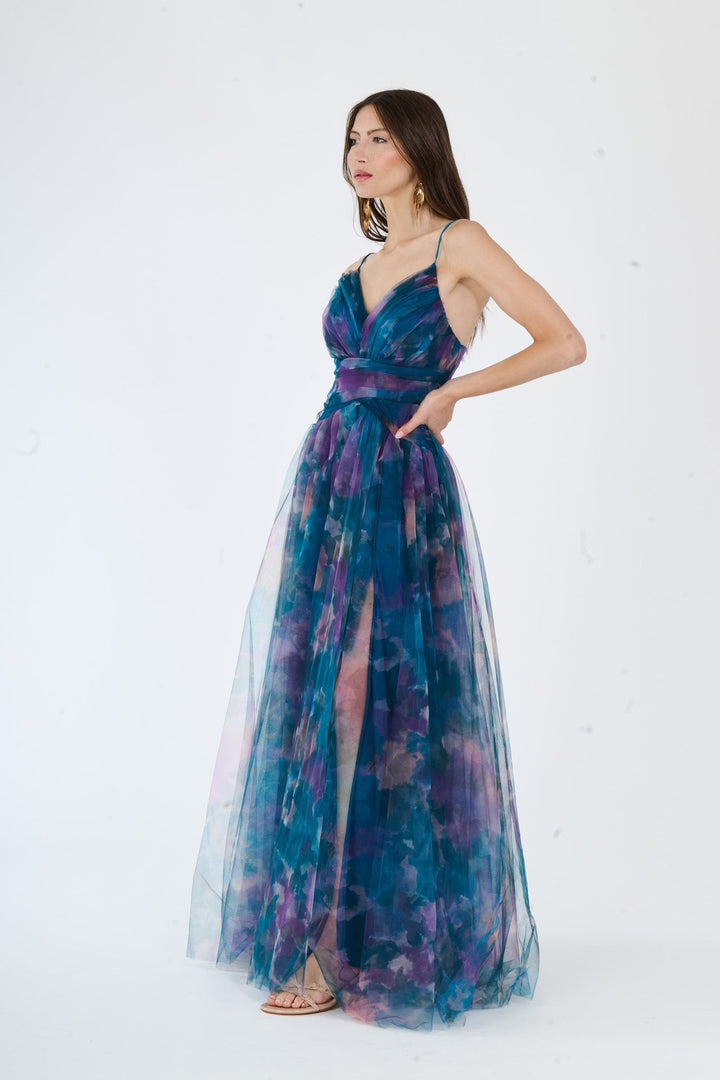 “Loreda” Dress – V-Neck Multicolor Tulle