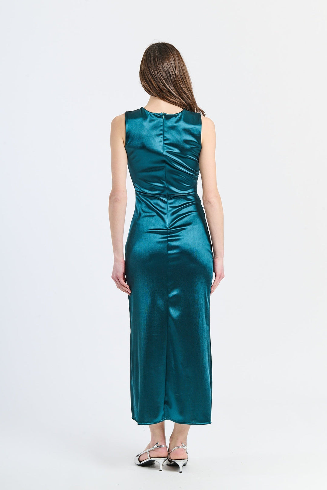 “Zaffira” Dress – Satin Midi Dress with Side Draping and Asymmetrical Neckline