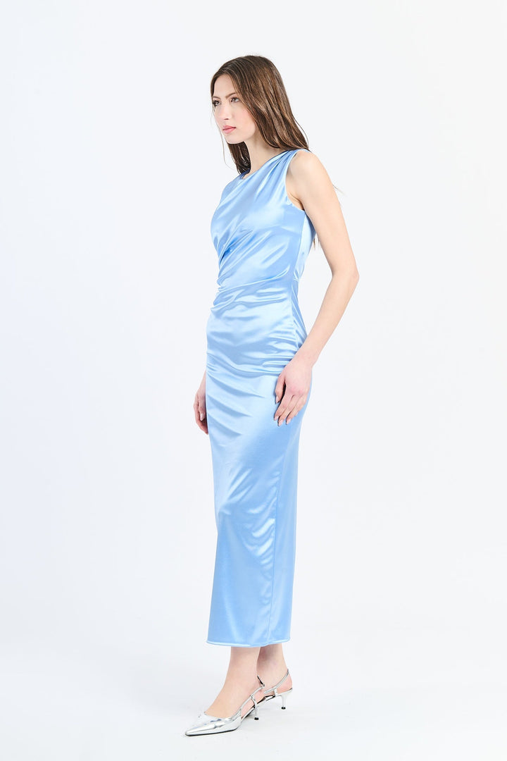 “Zaffira” Dress – Satin Midi Dress with Side Draping and Asymmetrical Neckline