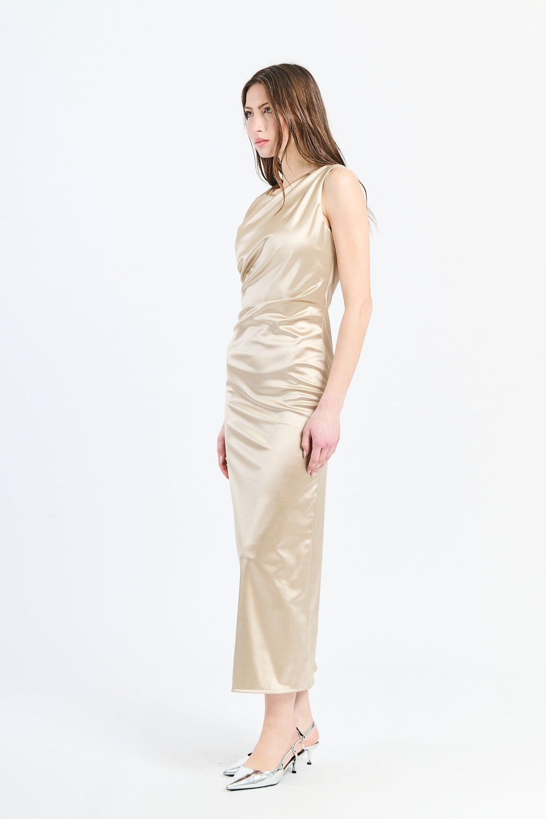 “Zaffira” Dress – Satin Midi Dress with Side Draping and Asymmetrical Neckline