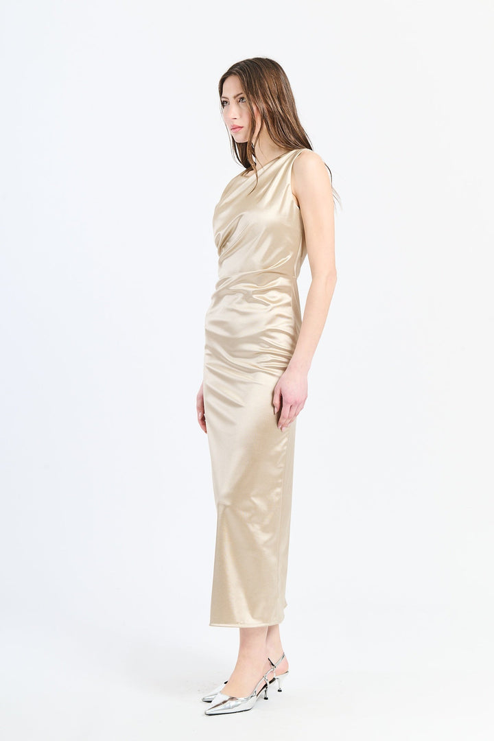 “Zaffira” Dress – Satin Midi Dress with Side Draping and Asymmetrical Neckline
