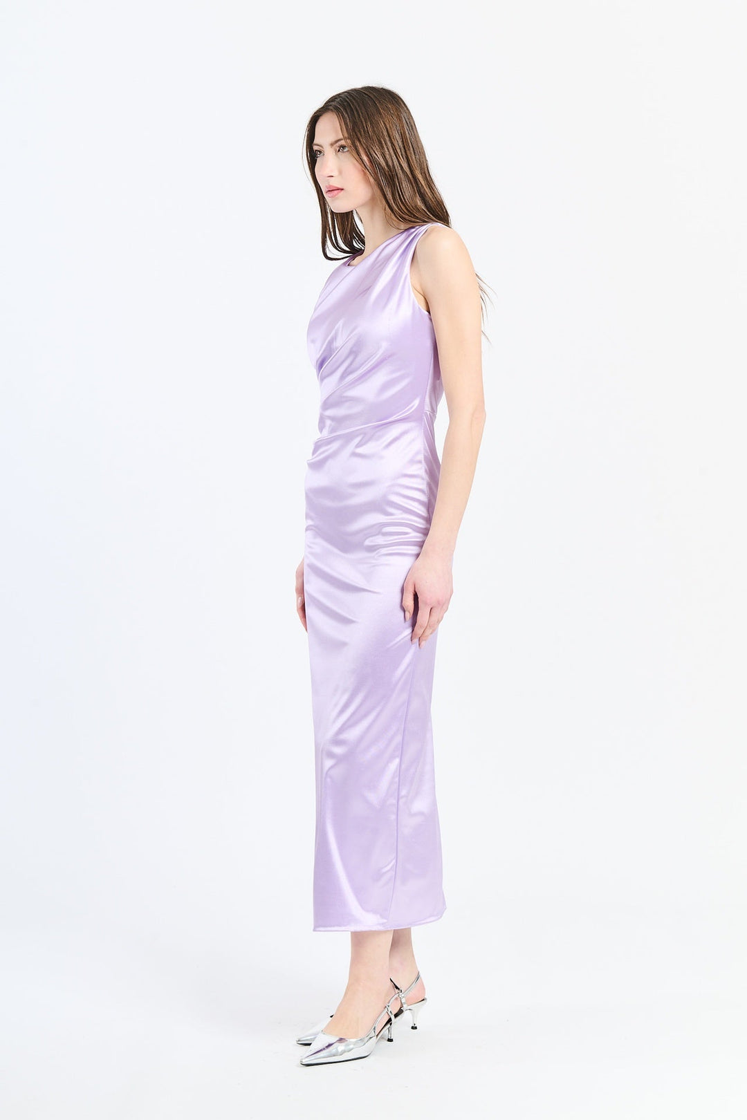 “Zaffira” Dress – Satin Midi Dress with Side Draping and Asymmetrical Neckline
