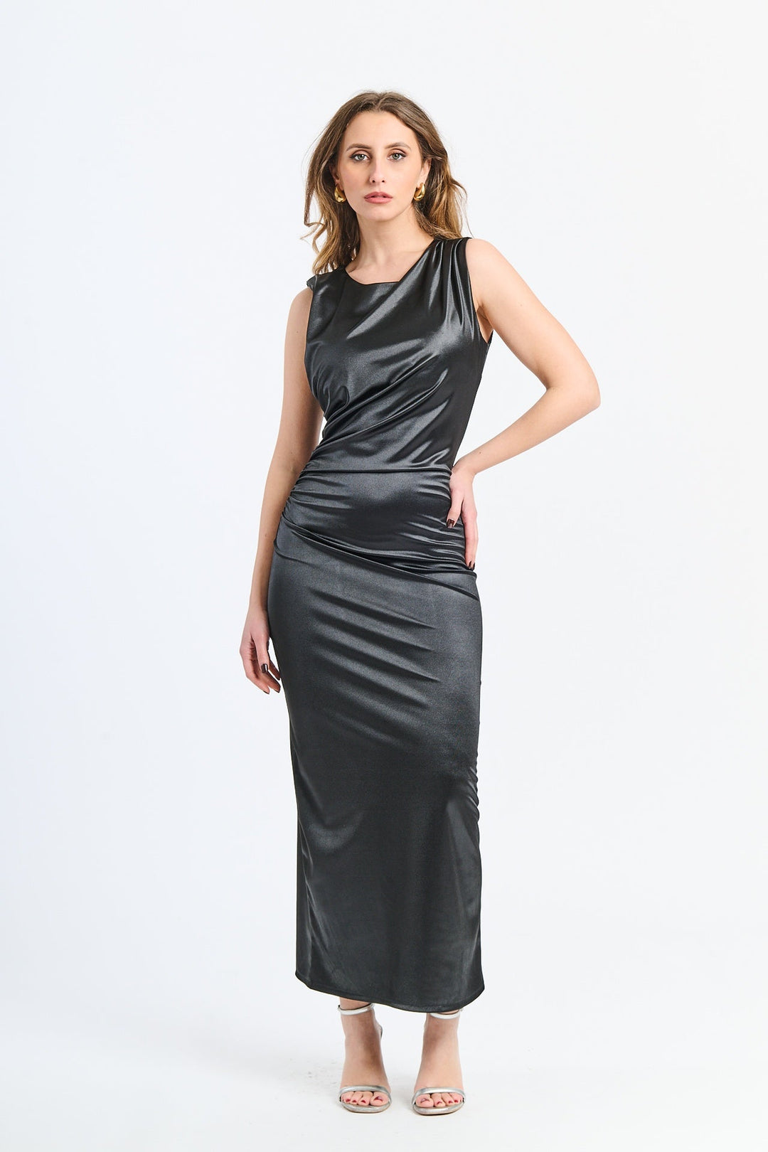 “Zaffira” Dress – Satin Midi Dress with Side Draping and Asymmetrical Neckline