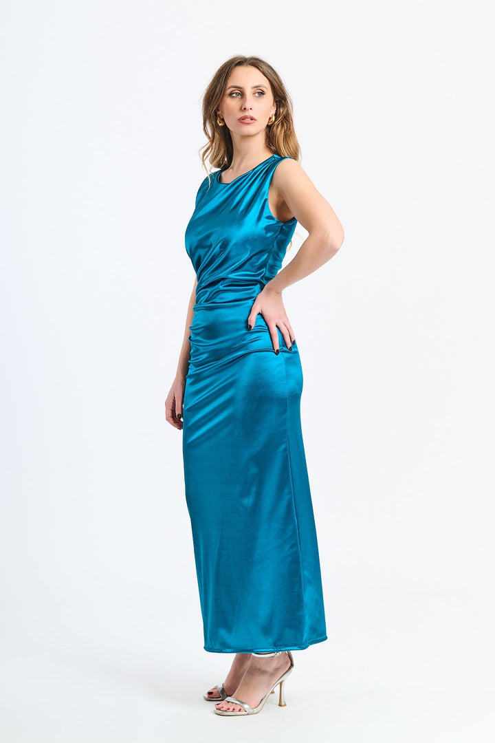 “Zaffira” Dress – Satin Midi Dress with Side Draping and Asymmetrical Neckline