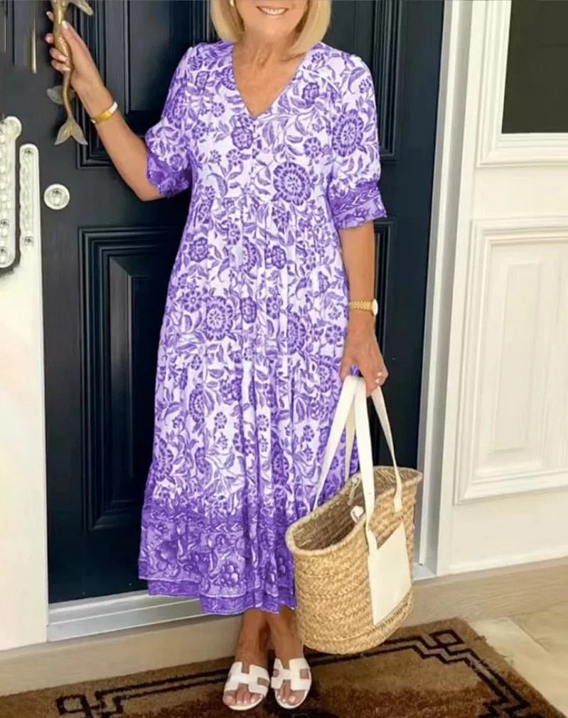 Aude™ - Elegant Floral Dress with V-Neck