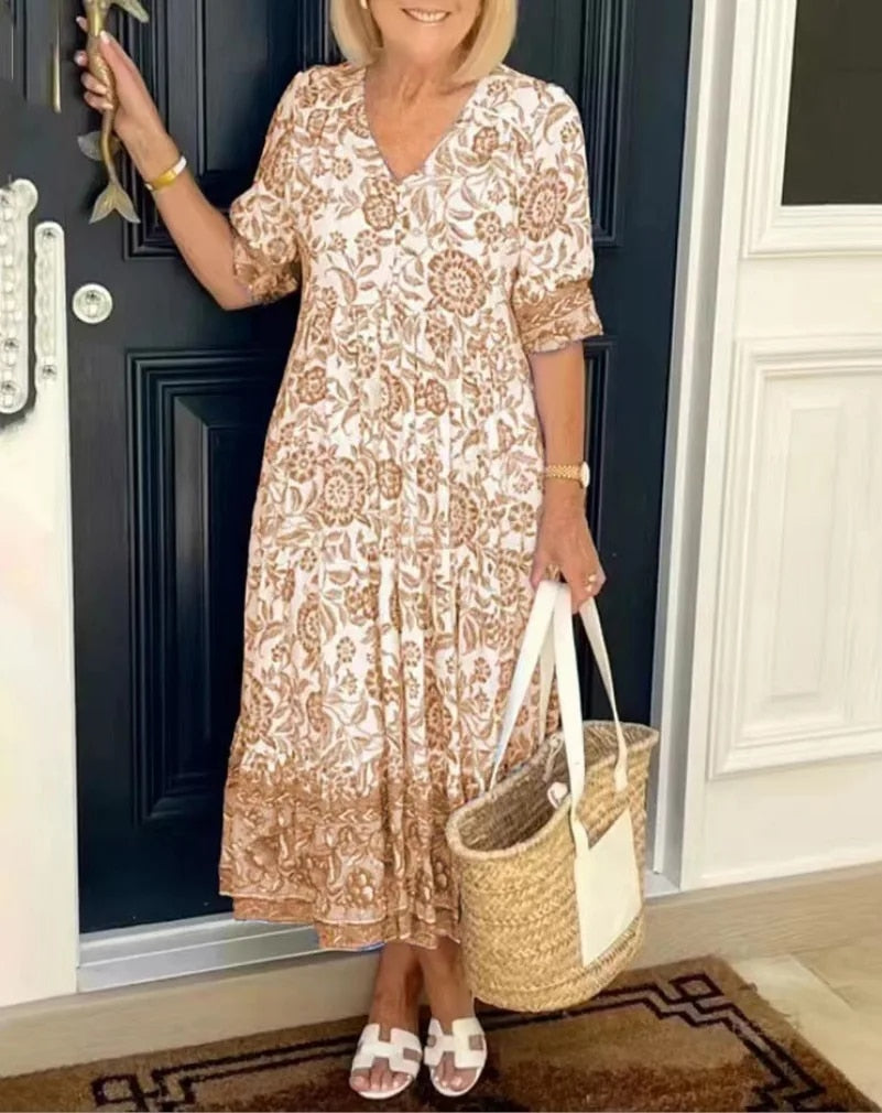 Aude™ - Elegant Floral Dress with V-Neck
