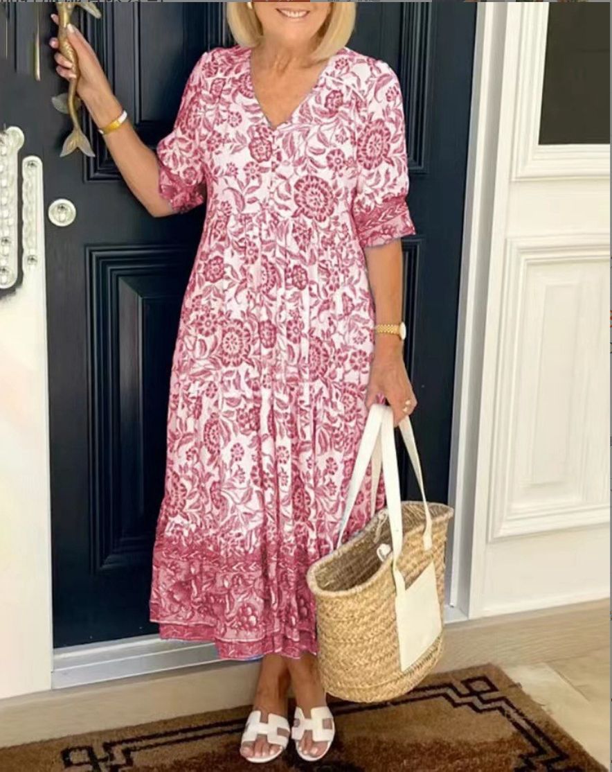 Aude™ - Elegant Floral Dress with V-Neck