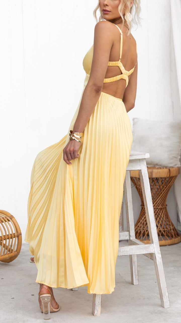 Darya™ - Yellow Pleated Maxi Dress with V-Neck