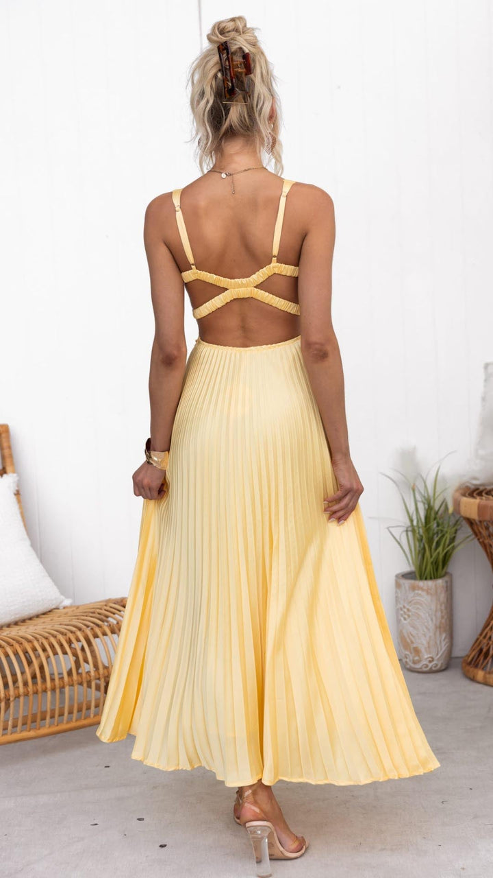 Darya™ - Yellow Pleated Maxi Dress with V-Neck