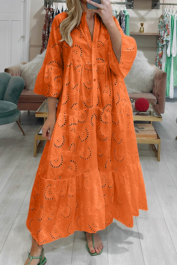 Noa™ - Cotton Dress with Embroidered Sleeves and V-Neck