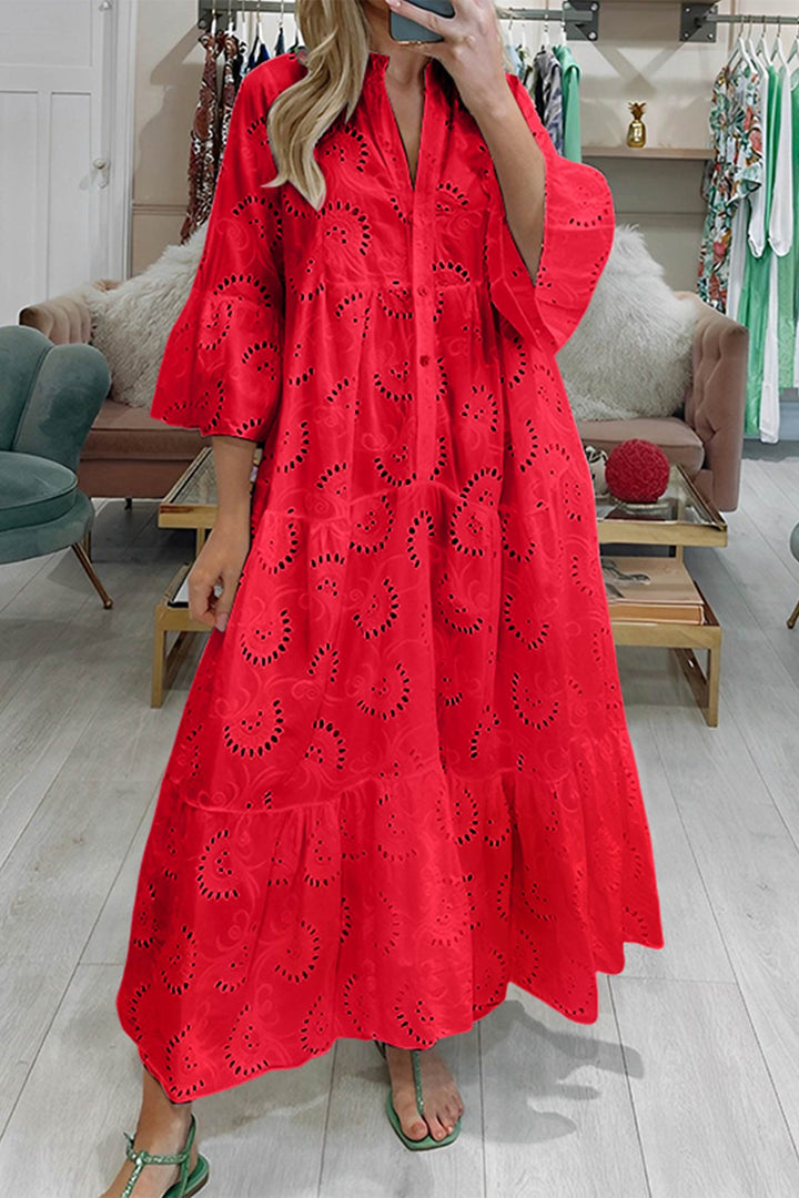 Noa™ - Cotton Dress with Embroidered Sleeves and V-Neck
