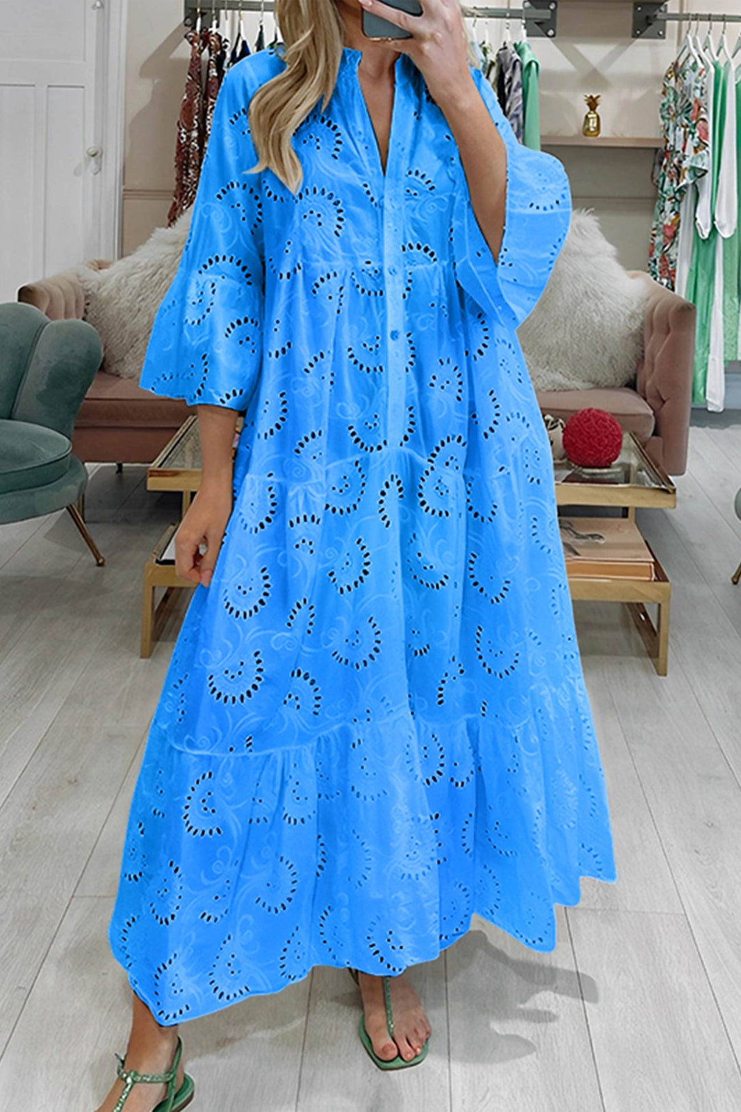 Noa™ - Cotton Dress with Embroidered Sleeves and V-Neck