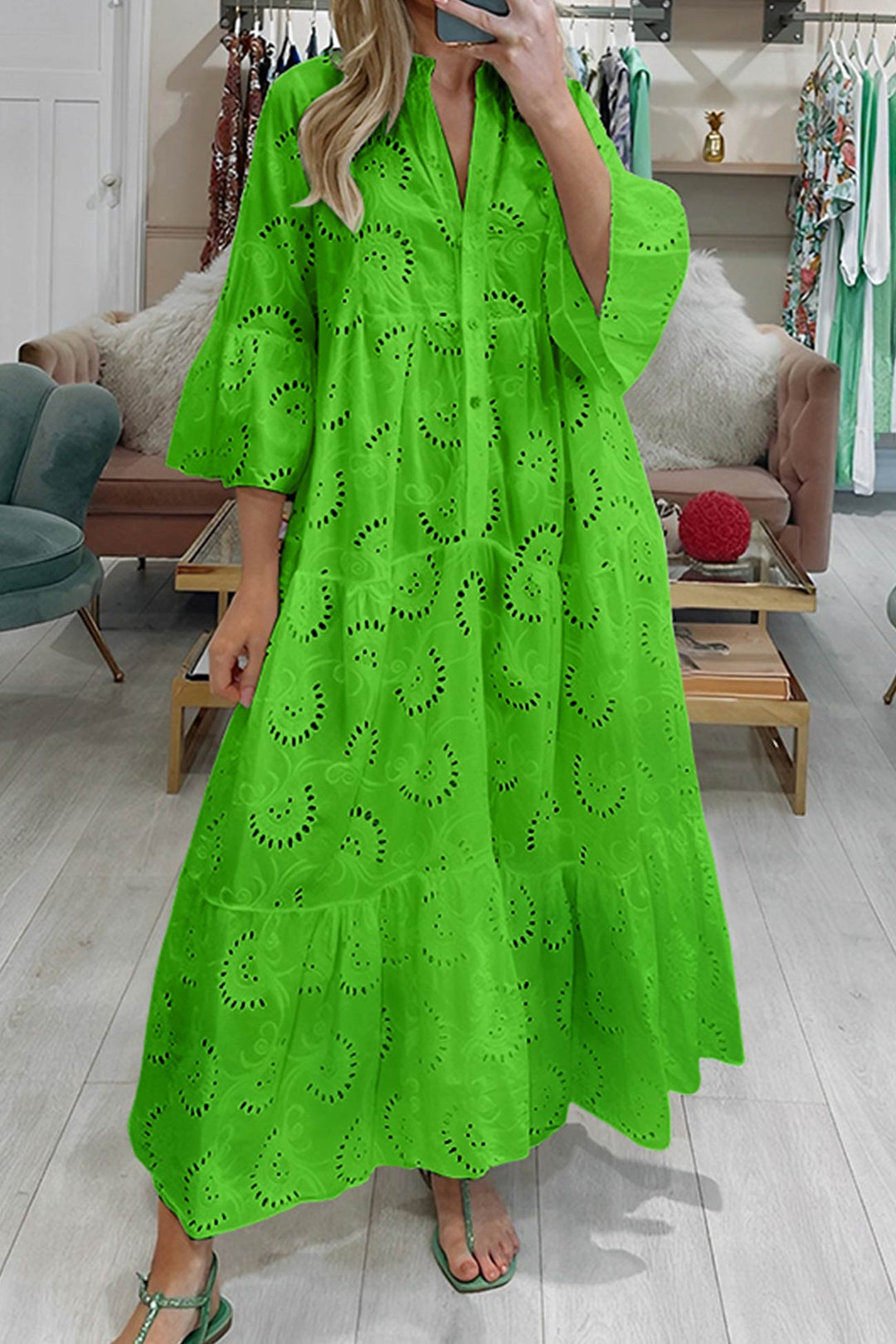 Noa™ - Cotton Dress with Embroidered Sleeves and V-Neck