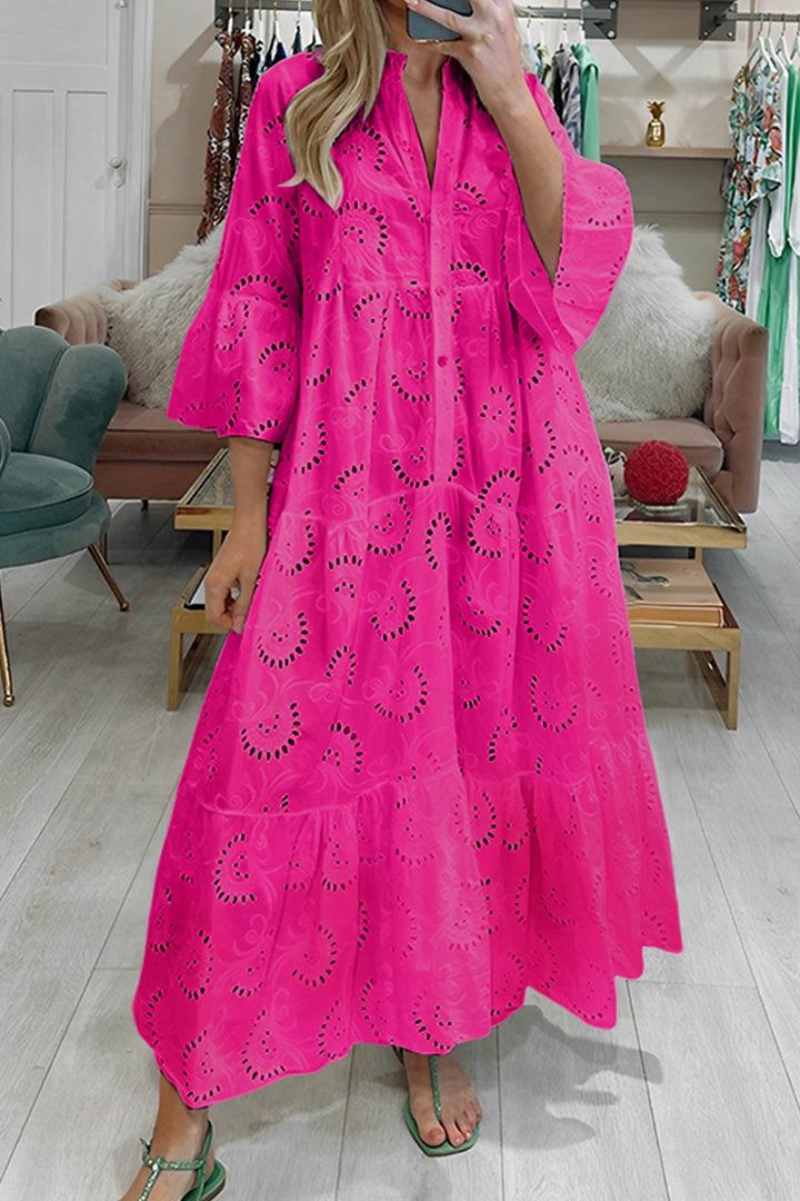 Noa™ - Cotton Dress with Embroidered Sleeves and V-Neck