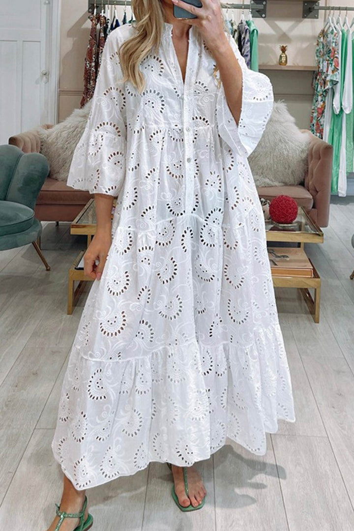 Noa™ - Cotton Dress with Embroidered Sleeves and V-Neck