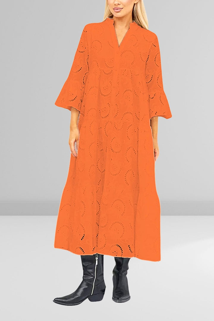 Noa™ - Cotton Dress with Embroidered Sleeves and V-Neck