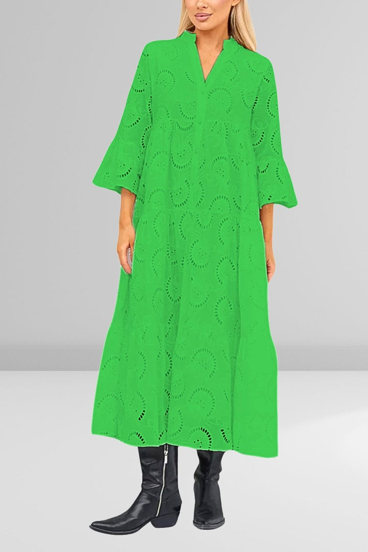 Noa™ - Cotton Dress with Embroidered Sleeves and V-Neck