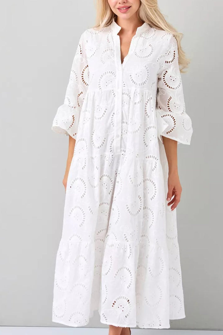 Noa™ - Cotton Dress with Embroidered Sleeves and V-Neck
