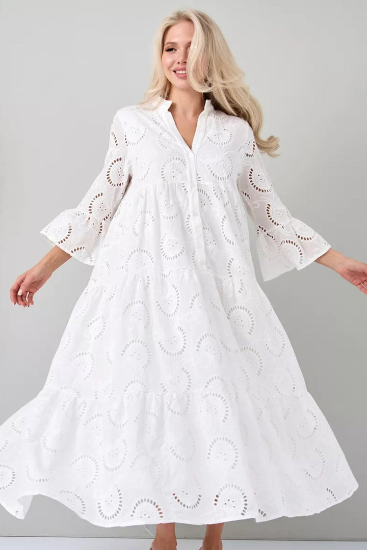 Noa™ - Cotton Dress with Embroidered Sleeves and V-Neck