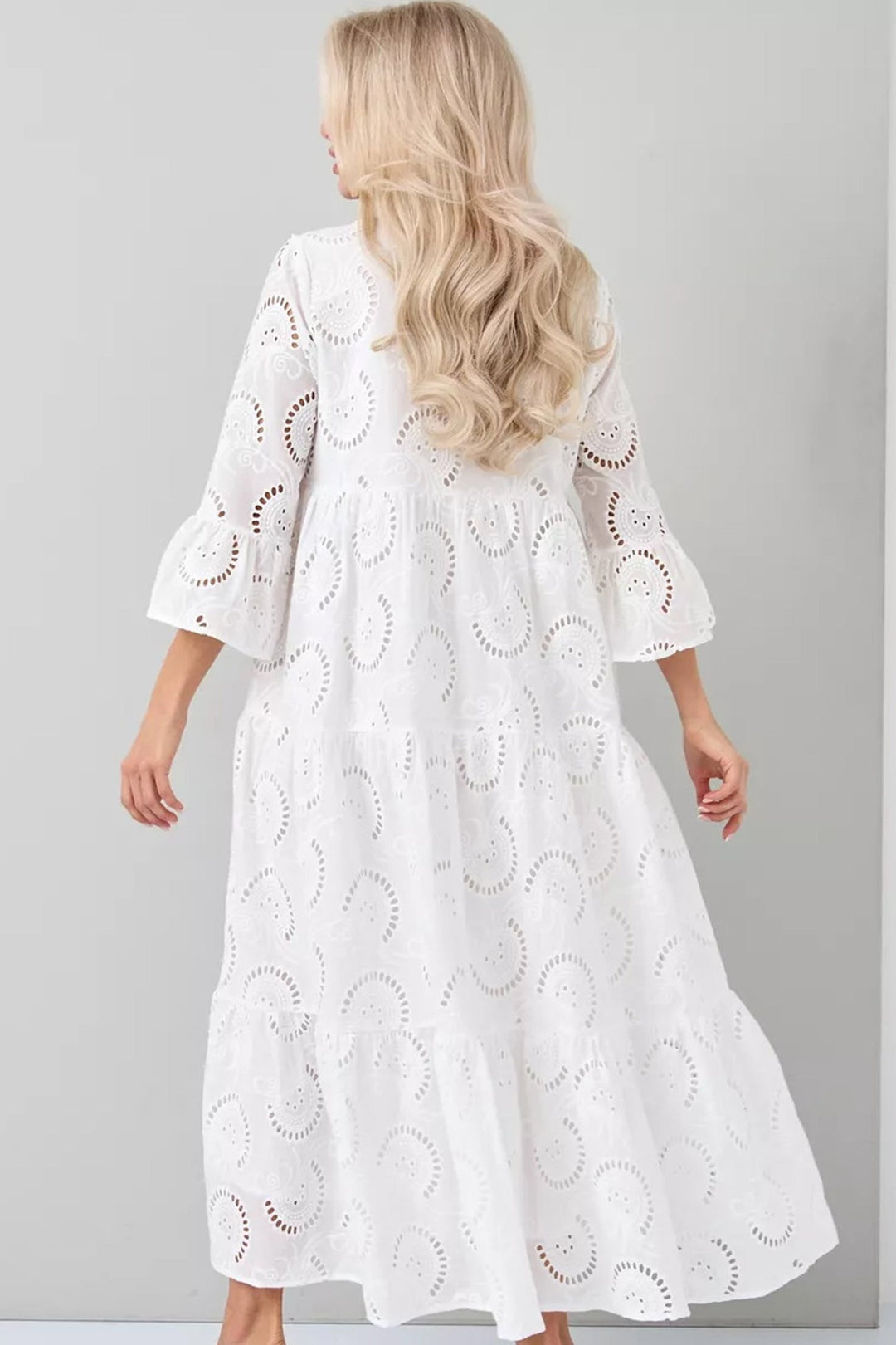 Noa™ - Cotton Dress with Embroidered Sleeves and V-Neck