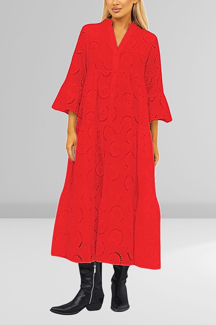 Noa™ - Cotton Dress with Embroidered Sleeves and V-Neck