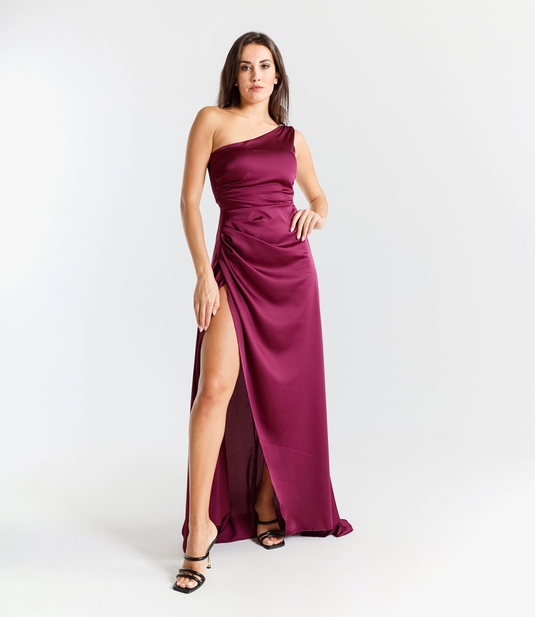 Elegant Long Dress in One-Shoulder Satin with Side Slit “Living Silk”