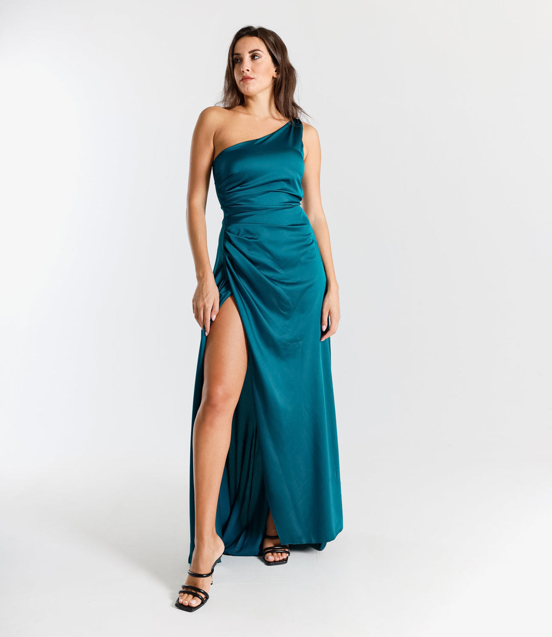 Elegant Long Dress in One-Shoulder Satin with Side Slit “Living Silk”
