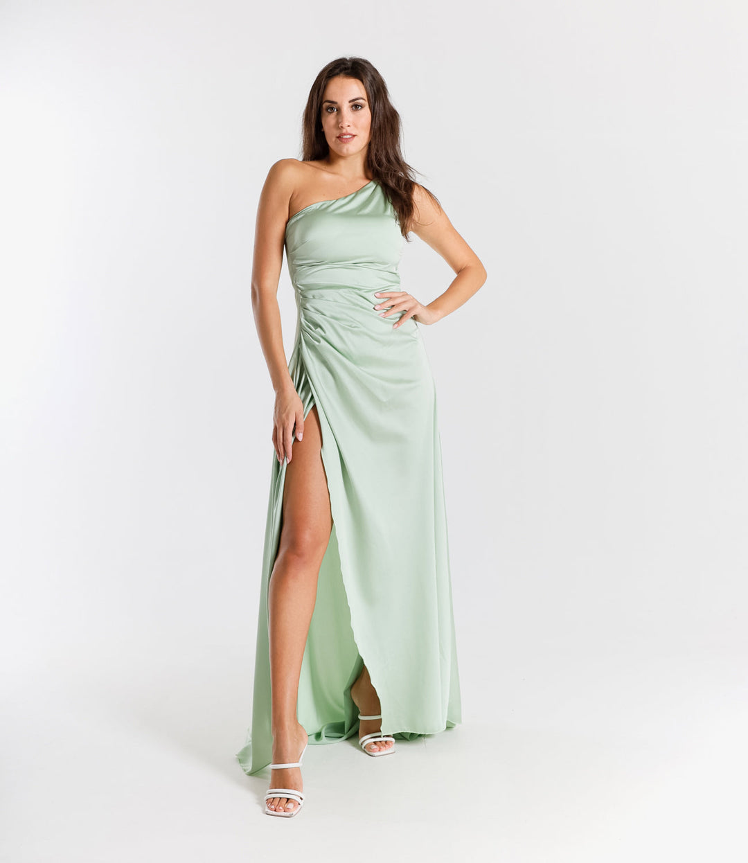 Elegant Long Dress in One-Shoulder Satin with Side Slit “Living Silk”