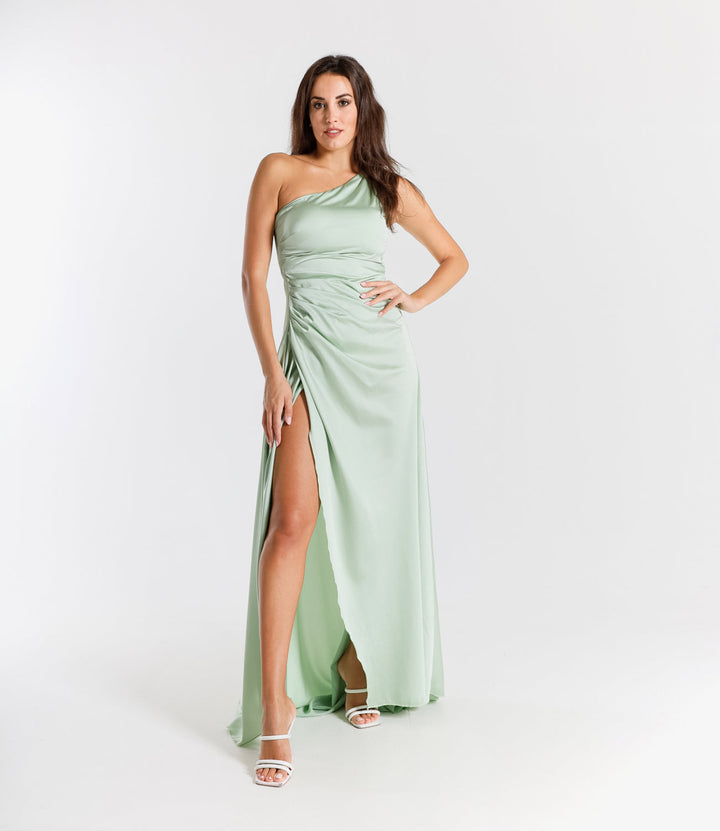 Elegant Long Dress in One-Shoulder Satin with Side Slit “Living Silk”