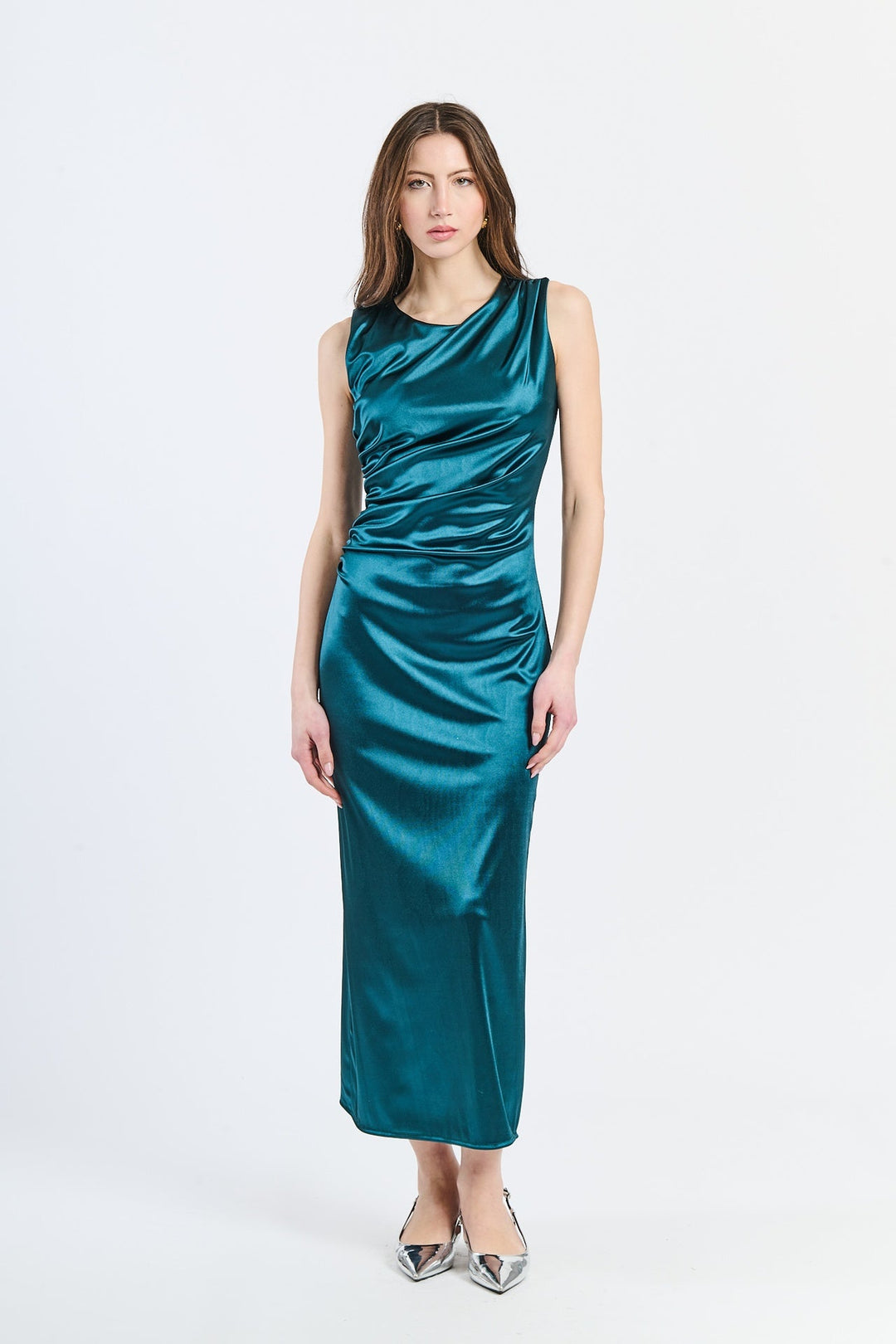 “Zaffira” Dress – Satin Midi Dress with Side Draping and Asymmetrical Neckline