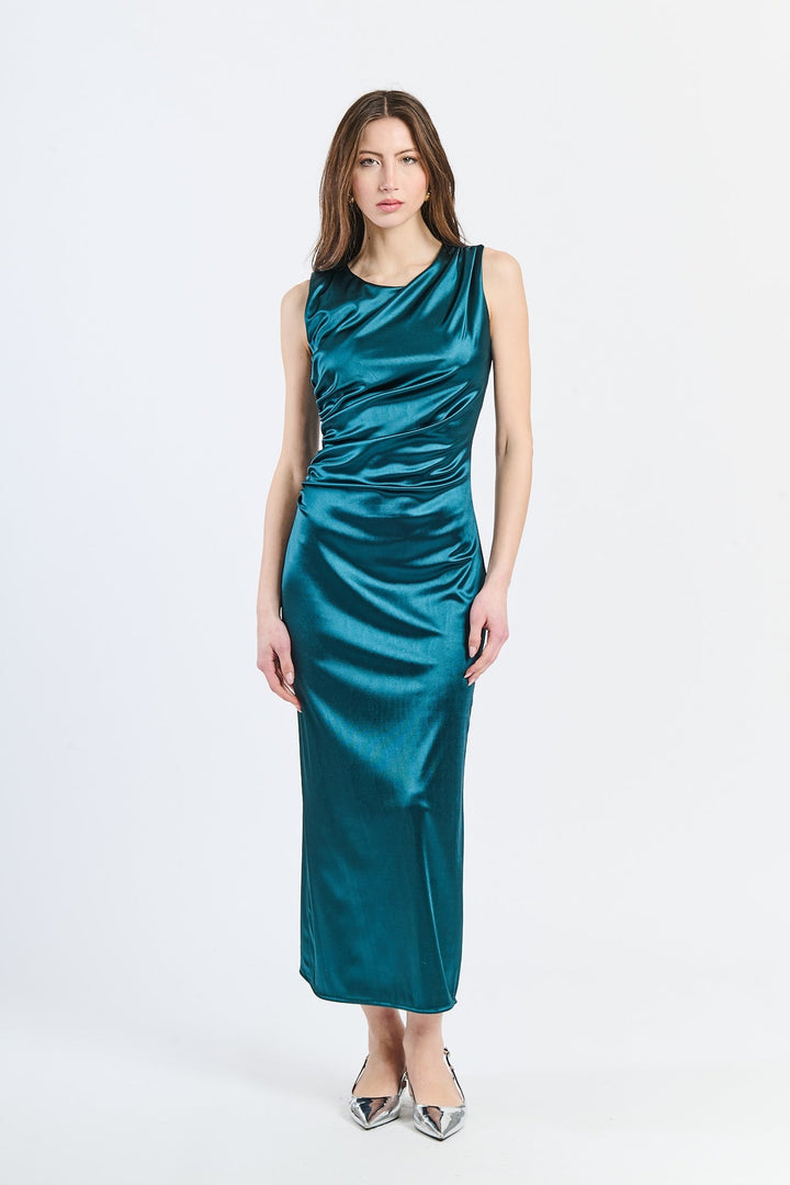 “Zaffira” Dress – Satin Midi Dress with Side Draping and Asymmetrical Neckline